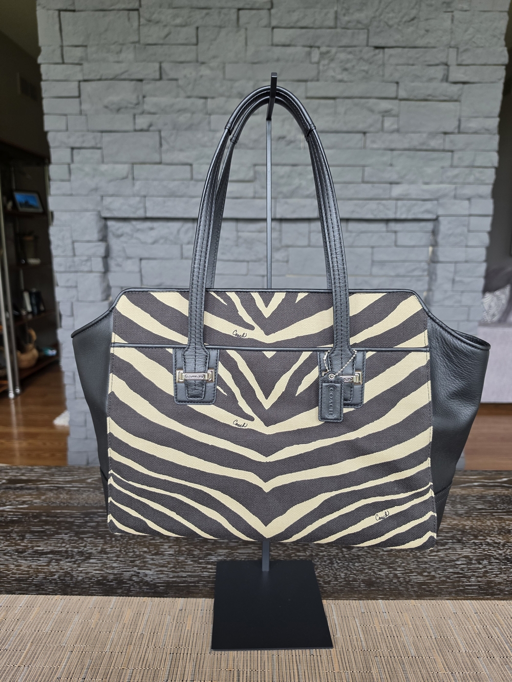 Coach Zebra Print Canvas Tote with Black Leather Trim